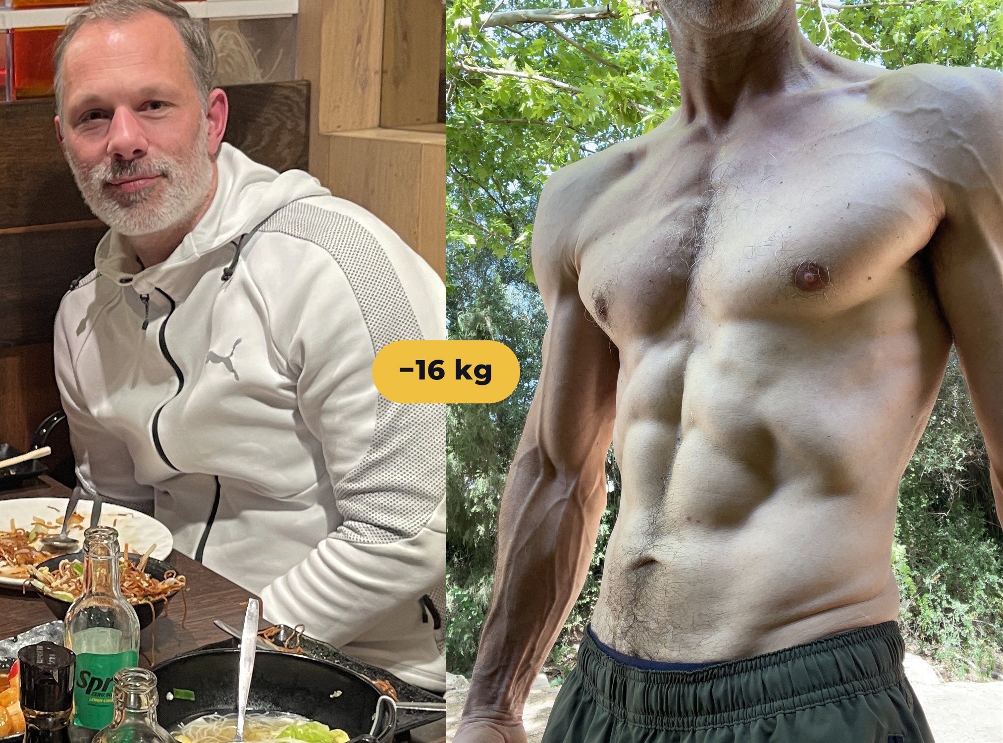 Before and after, six months and sixteen kilos apart
